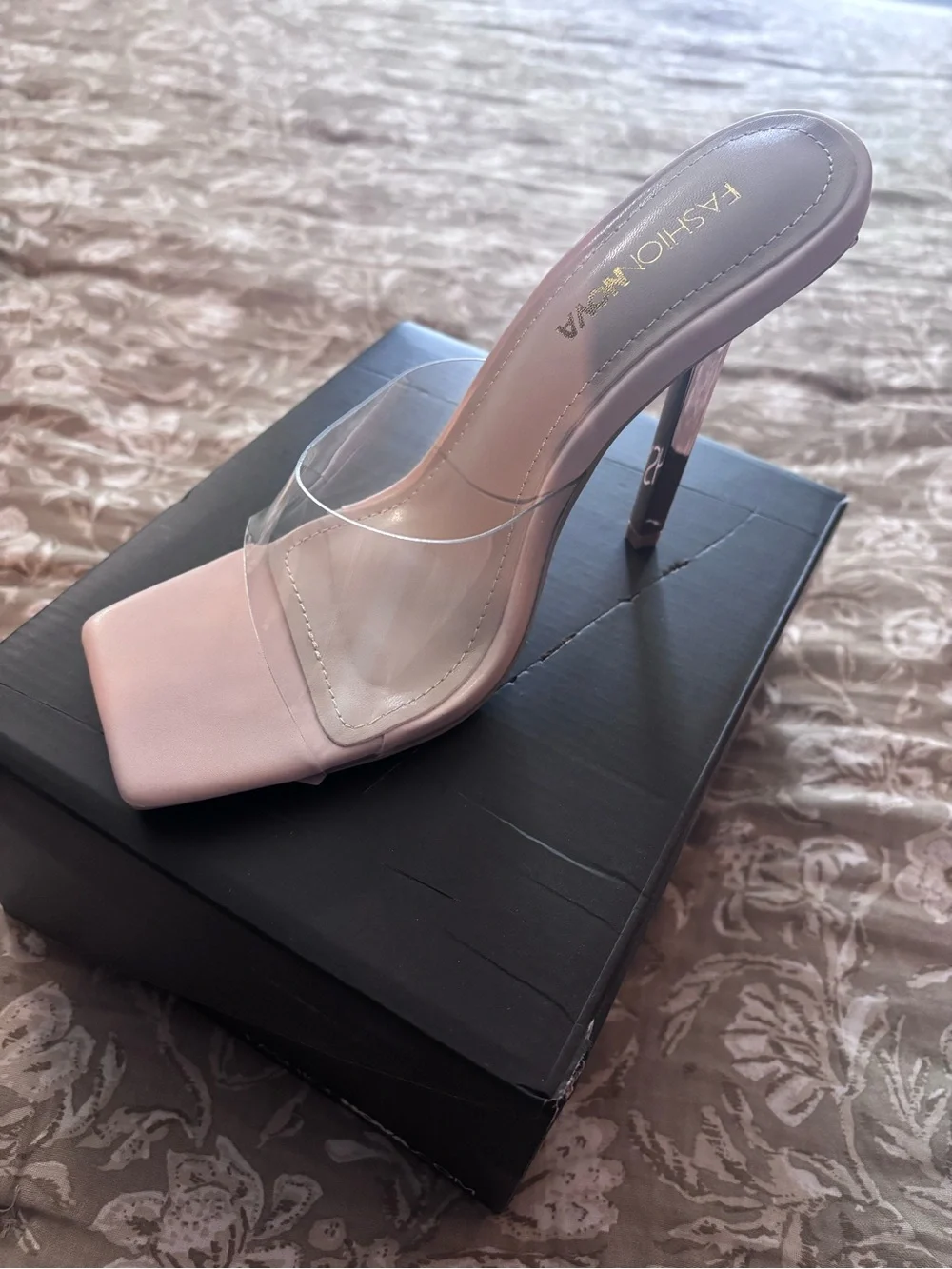 Fashion Nova Blush Pink Clear Strap Square Toe Stiletto
